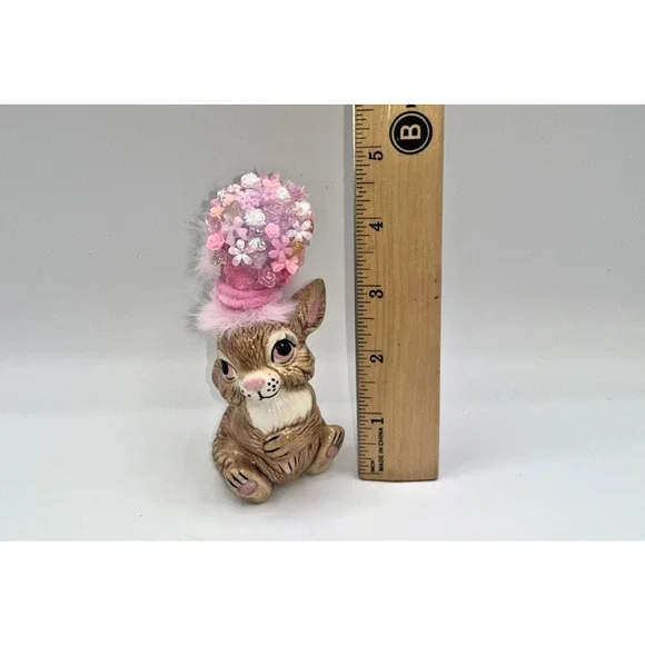 Vintage Ceramic Sitting Pretty Easter Bunny Poof Faux Fur Flower Hat Deb O. OOAK - Picture 12 of 16